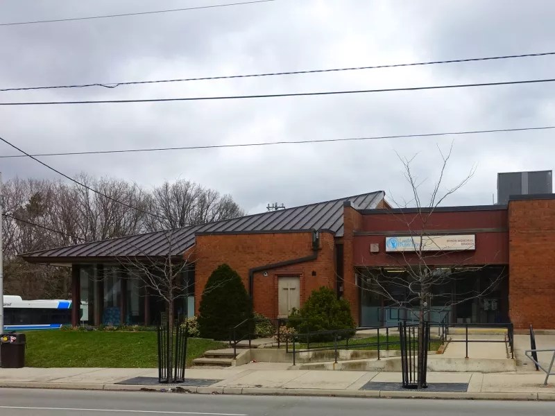 A photo of the outside of Byron Branch Library facing Commissioners Road