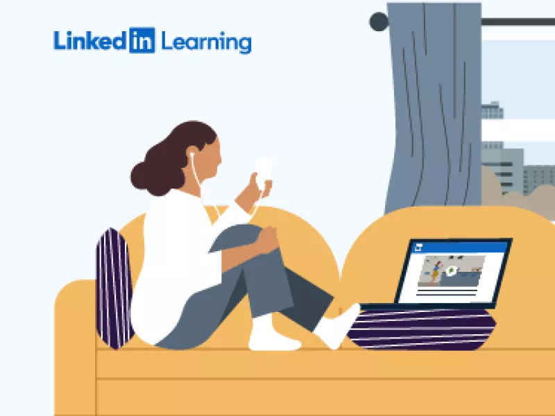 LinkedIn Learning logo on illustration of a woman sitting on couch as she watches a video on her laptop. She is wearing headphones.
