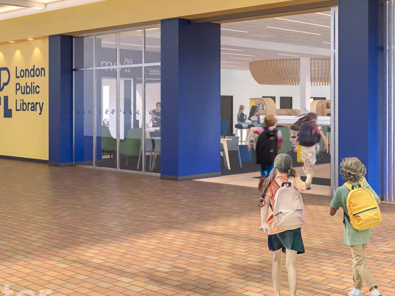 An architecural rendering of the new entrance to Sherwood Branch Library 