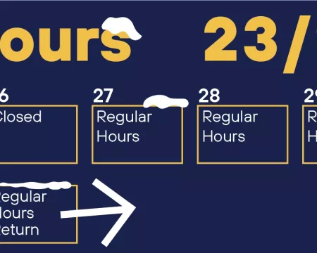The Library's holiday hours, from Dec 23 to Jan 2 are displayed in a calendar format on a navy background that includes the Library's logo.
