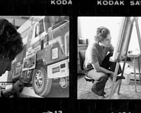 A vintage film strip showing two images of Rudy Sparkuhl in his studio painting.