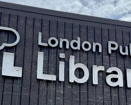 The new exterior London Public Library sign at Sherwood Branch library