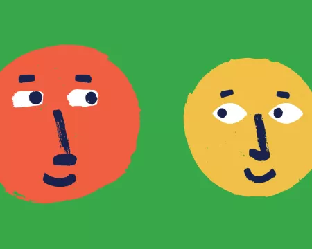 Two cartoon faces smiling and looking at each other