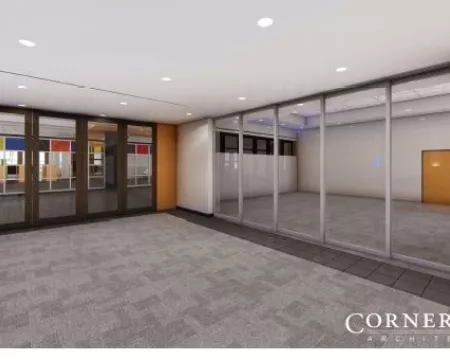 an architectural drawing showing glass panel walls enclosing the Crush Space area and the Stevenson and Hunt Meeting Room by Cornerstone Architecture