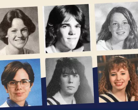 Collage of six cropped yearbook portraits on a cream and navy background. The photos show students from different decades in black and white and colour.