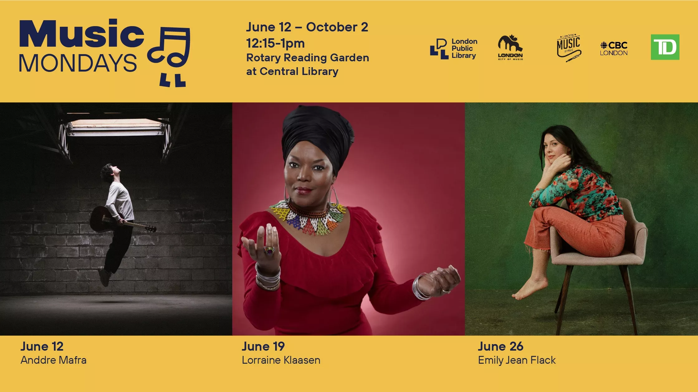 Photos of Anddre Maffra, Lorraine Klassen and Emily Jean Flack on a yellow background with the Music Mondays Logo in Navy