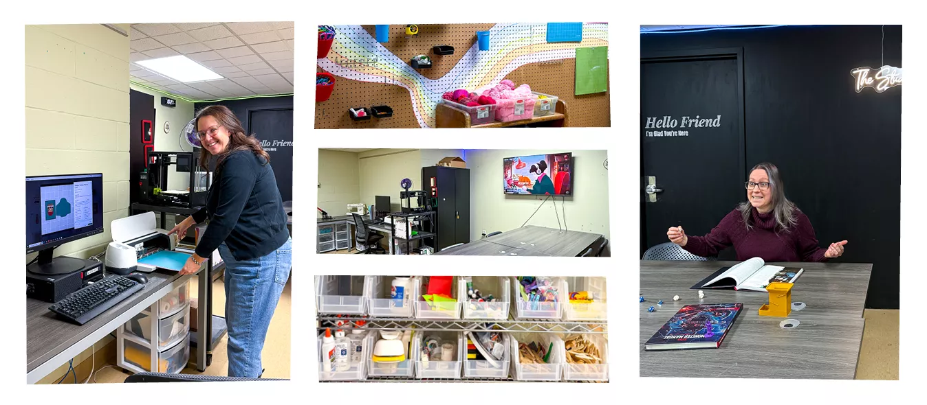 A collage showing off the Studio space and the different tools and resources available.