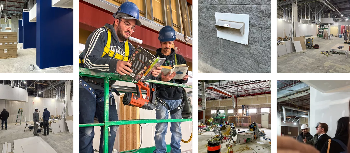 A collage of construction photos from the Sherwood Library renovation project including the new entrance, workers reading books, the new return chute, the new windows going in and the Mayor visiting the construction site.