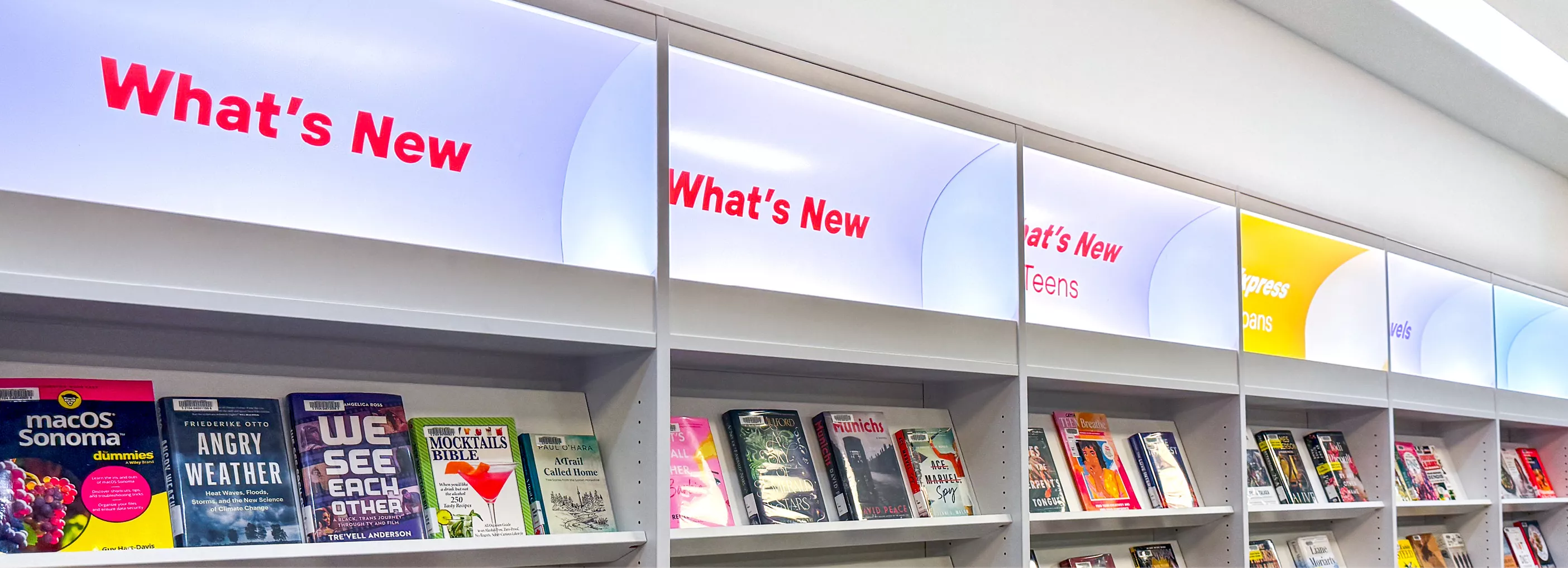 Bookshelves at Central Library displaying new titles