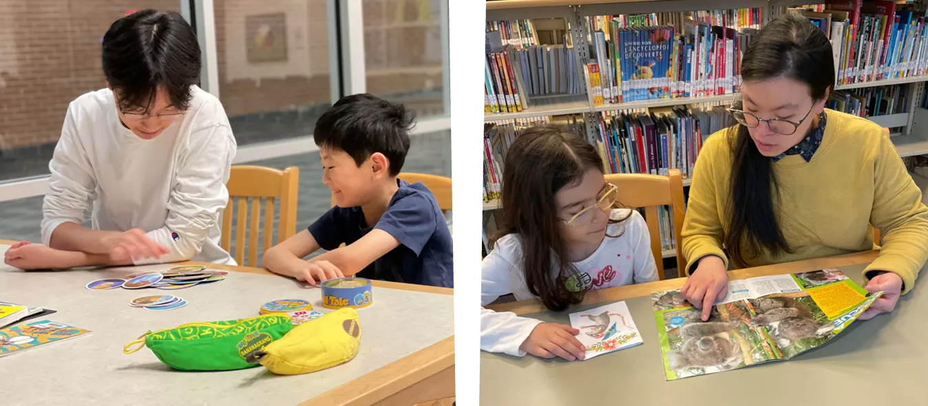 Two side-by-side photos of interactions between older youth or adults and children at a library. In the first image, two boys are smiling and playing a matching card game at a table near large windows. In the second image, a woman and a young girl are sitting together at a table in front of bookshelves, reading a wildlife magazine featuring koalas.