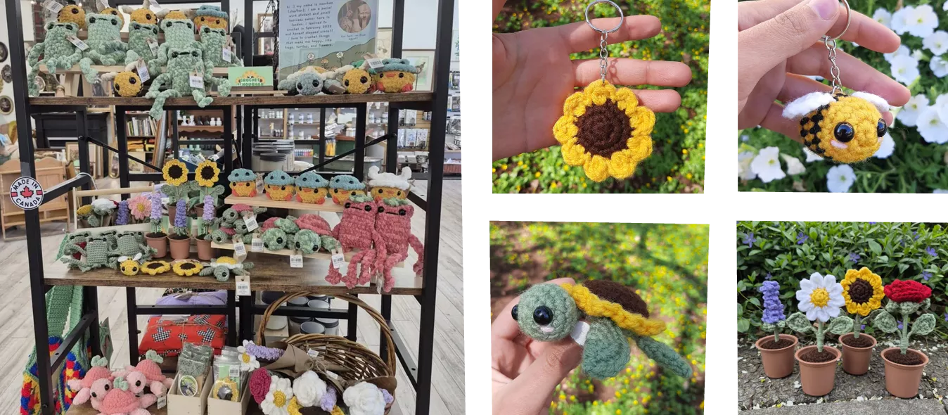 Crochet creations by Nourhan displayed at a local store including keychains, plushies and flowers