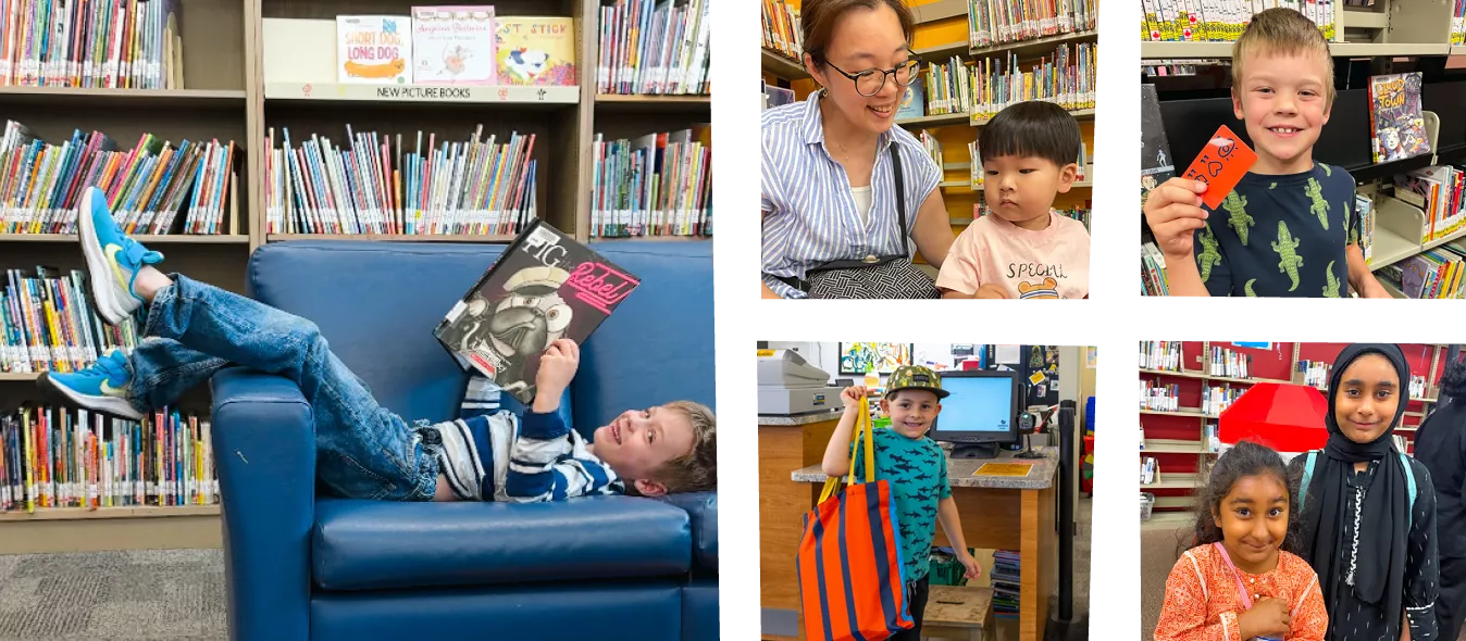 Collage of kids reading, checking out books, and smiling at London Public Library.