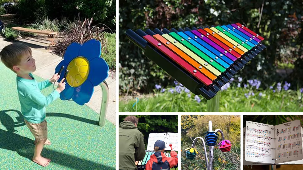 Children and Adults playing with musical instruments in the Reading Garden 