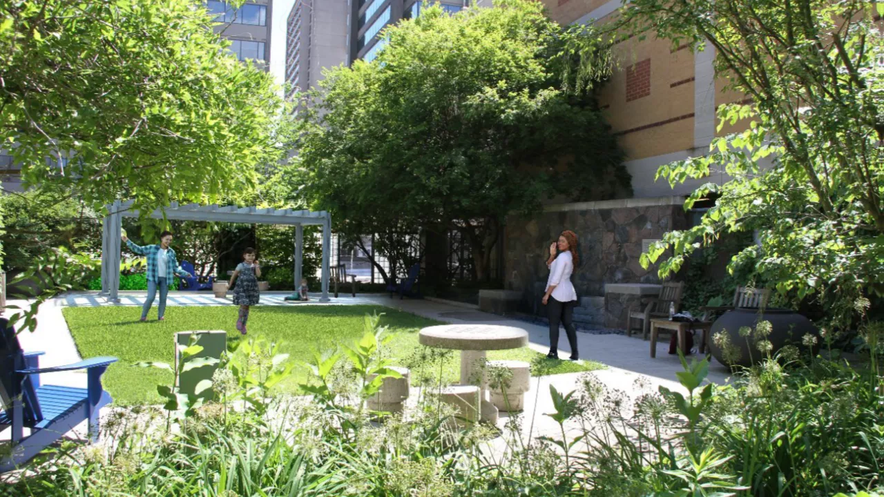 Move the pergola to the upper section of the Reading Garden. Create a stage area for performances and programs. Install an artificial surface in front of the stage.