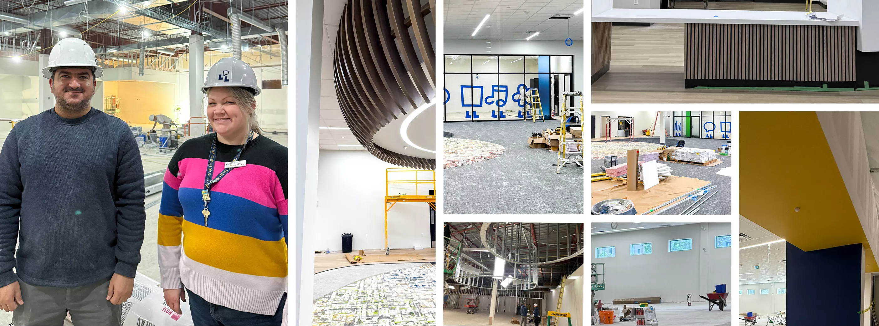 A collage of images showing renovation of Sherwood Branch Library