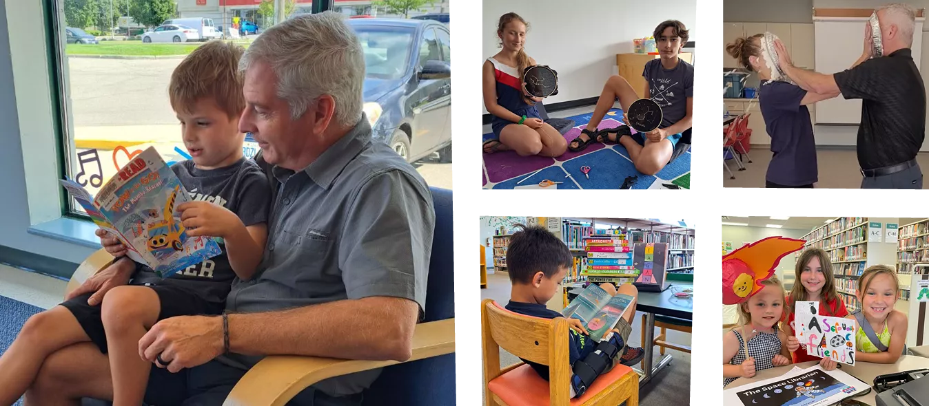A collage of photos with Pond Mills patrons in the space.
