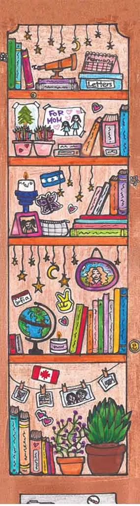 An illustration of a bookshelf with frames pictures, books, a globe and plants
