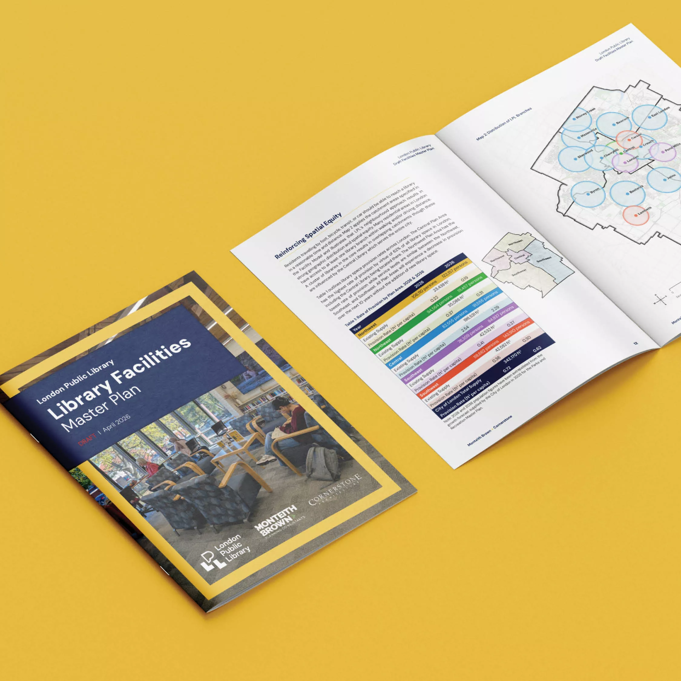 A print copy of the London Public Library's Library Facilities Master Plan draft sits on a yellow background. with pages open to show a chart and map.