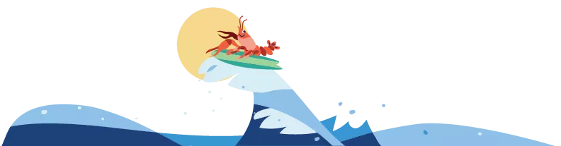 An illustration of a lobster on a surf board