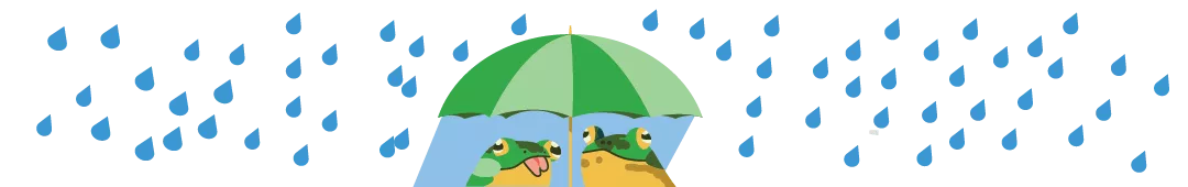 An illustration of 2 frogs holding an umbrella in the rain