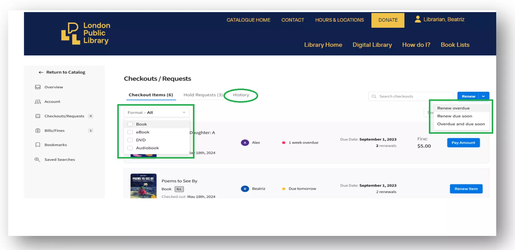A screenshot inside the new Account Centre displays a summary on the left side, your holds and checkouts summary at the top centre and reading suggestion lists below.
