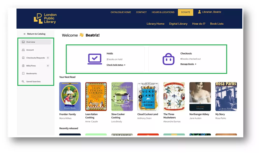 A screenshot of the new Account Centre shows the Checkout/Holds area and the History and Renew tabs.