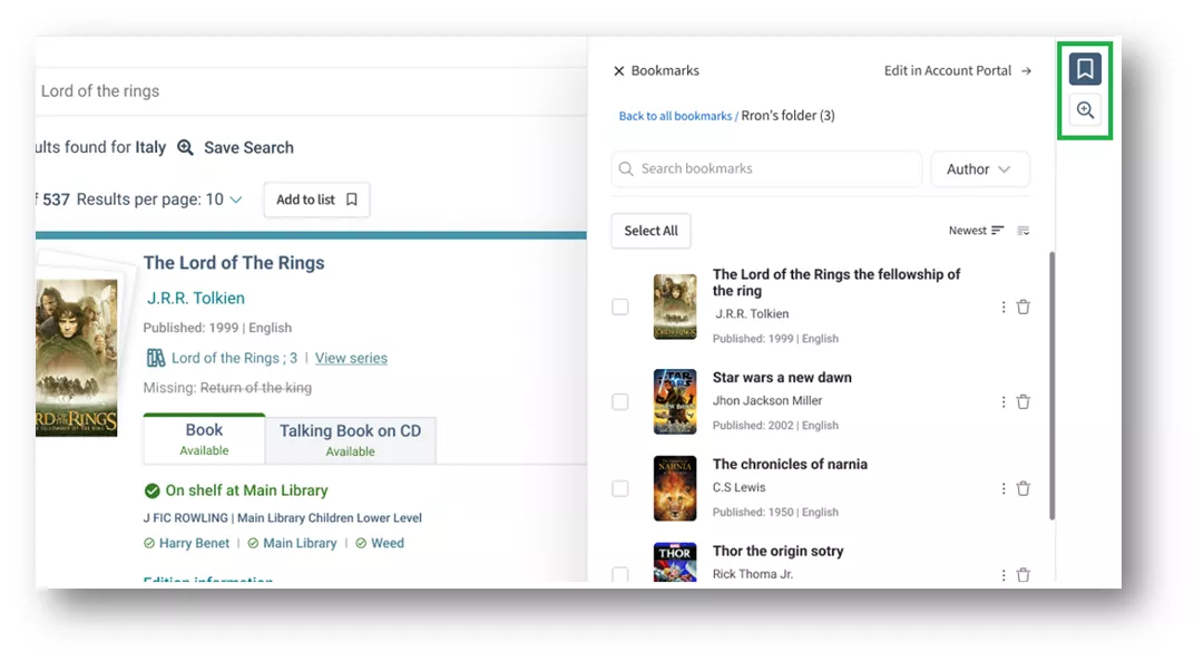 Screenshot shows the Bookmark pop up module