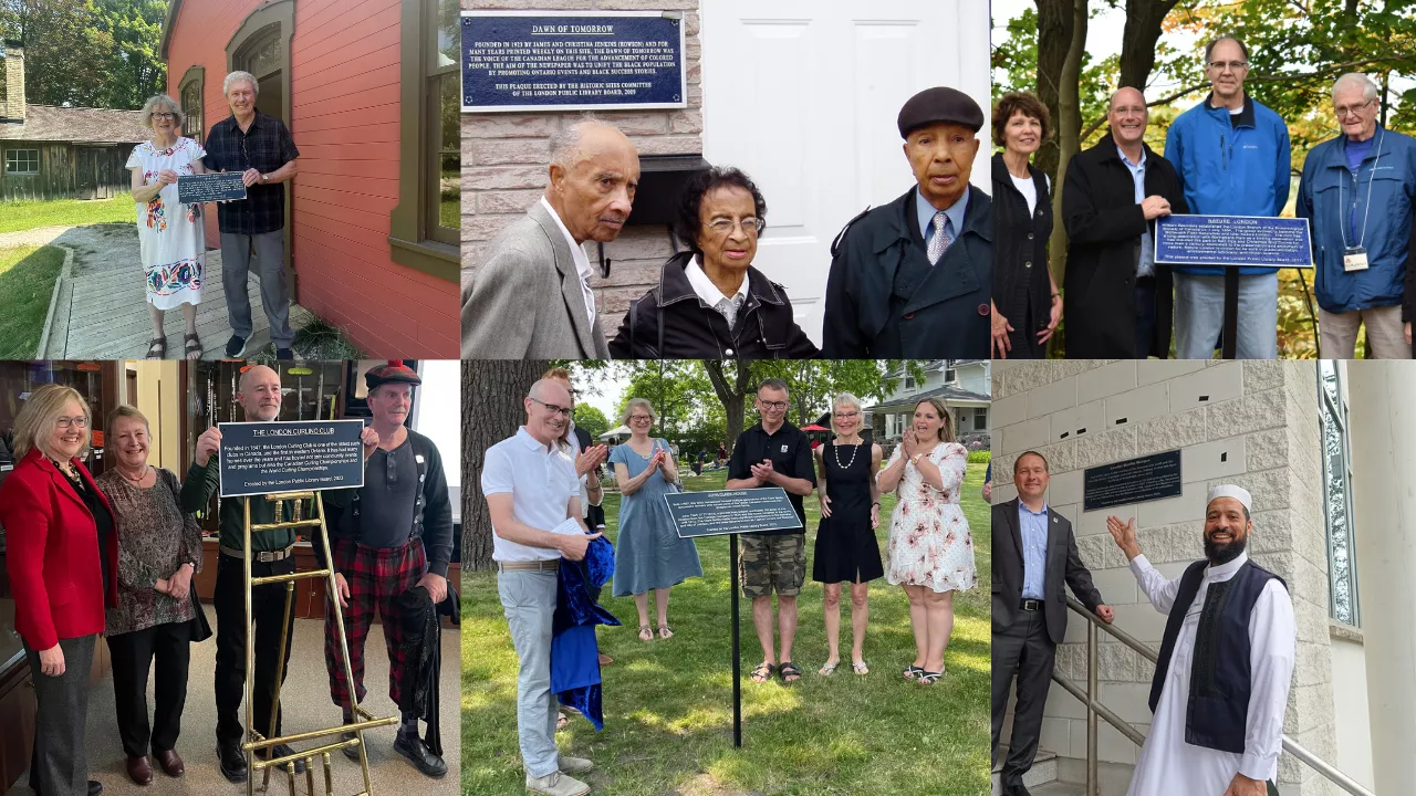 A collage of six photos showing people with Historic Sites Committee plaques at various locations.