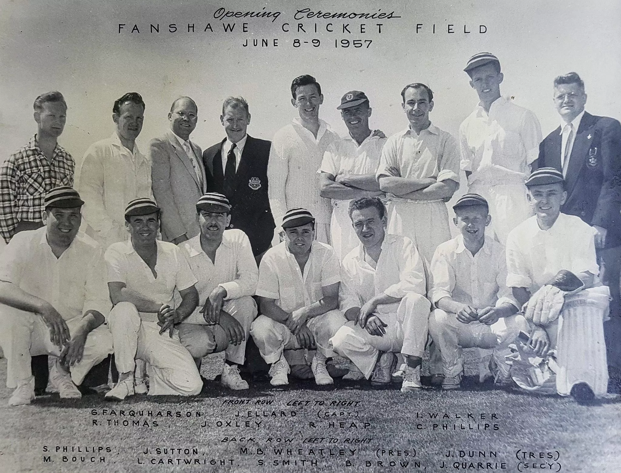 Black and white photo of cricket players in white uniforms and officials in dark blazers. Text reads Opening ceremonies Fanshawe Cricket Field June 8-9 1957. Players names below.