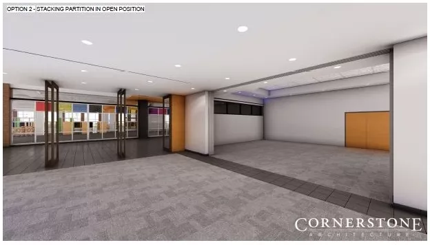 an architectural drawing showing glass panel walls open to the Crush Space area and the Stevenson and Hunt Meeting Room by Cornerstone Architecture