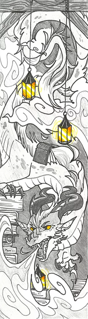 An illustrated black and white dragon with full colour lamps overtop on a bookmark