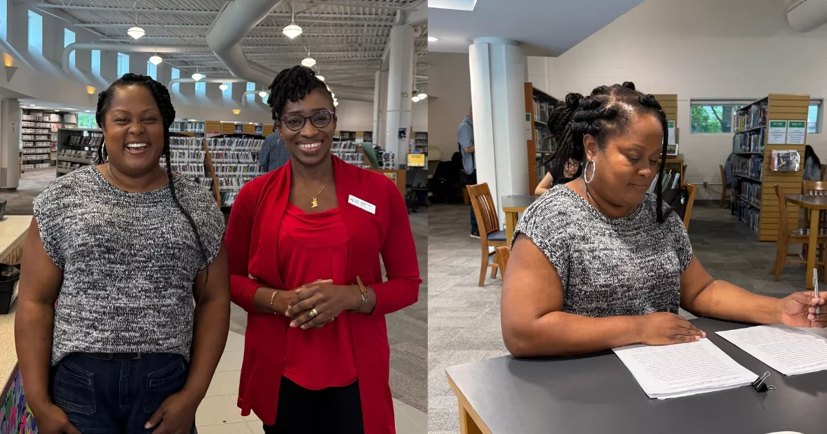 Right: Shelly and Branch Supervisor Lana stand smiling together at Masonville Branch Library. Left: Shelly works at a Library table.